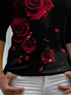 Cute Regular Floral V Neck Long Sleeve Regular T-Shirt - Image 6