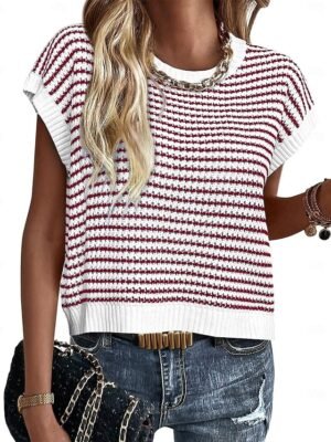 Cute Regular Striped Crew Neck Batwing Short Sleeve Crop Top - Image 1