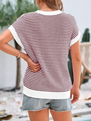 Cute Regular Striped Crew Neck Batwing Short Sleeve Crop Top - Image 2