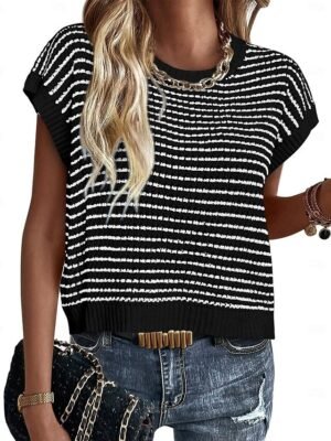 Cute Regular Striped Crew Neck Batwing Short Sleeve Crop Top - Image 3