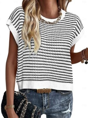 Cute Regular Striped Crew Neck Batwing Short Sleeve Crop Top - Image 5