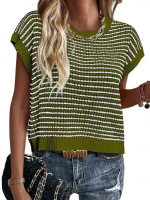 Cute Regular Striped Crew Neck Batwing Short Sleeve Crop Top - Image 7
