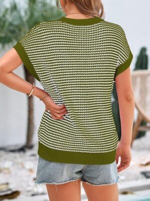 Cute Regular Striped Crew Neck Batwing Short Sleeve Crop Top - Image 8