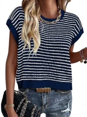 Cute Regular Striped Crew Neck Batwing Short Sleeve Crop Top - Image 9