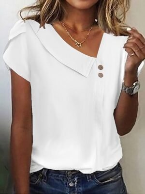 Daily Basic Loose Plain Asymmetrical Neck Ruffle Short Sleeve Shirt - Image 1