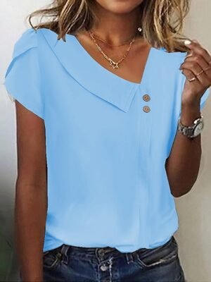 Daily Basic Loose Plain Asymmetrical Neck Ruffle Short Sleeve Shirt - Image 2