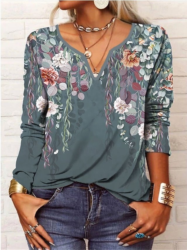 Daily Basic Regular Floral V Neck Long Sleeve Tops - Image 1