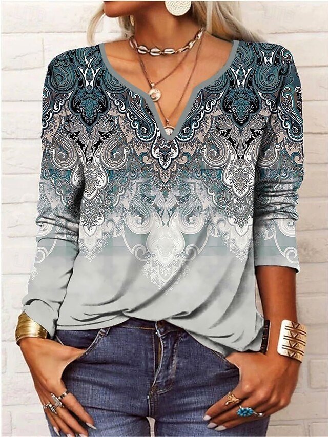 Daily Basic Regular Floral V Neck Long Sleeve Tops - Image 2