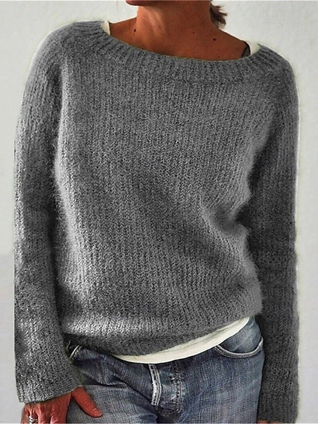 Daily Basic Solid Crew Neck Long Sleeve Knitted Tops - Image 1