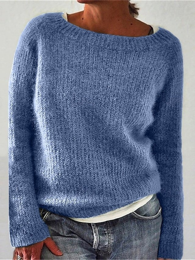 Daily Basic Solid Crew Neck Long Sleeve Knitted Tops - Image 2