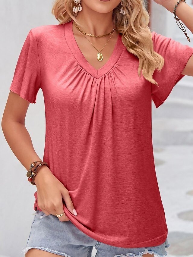 Daily Basic Solid V Neck Pleated Short Sleeve T-Shirt - Image 1