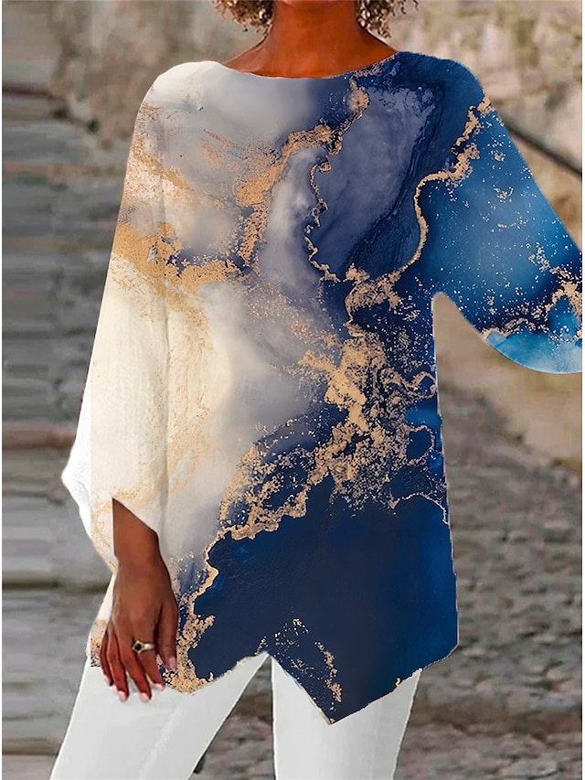 Daily Loose Abstract Print Round Neck Long Sleeve Asymmetrical Hem Blouse - Image 1