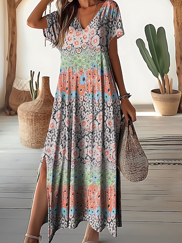 Daily Loose Ditsy Floral V Neck Short Sleeve Maxi Dress - Image 1