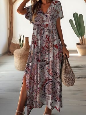 Daily Loose Ditsy Floral V Neck Short Sleeve Maxi Dress - Image 2