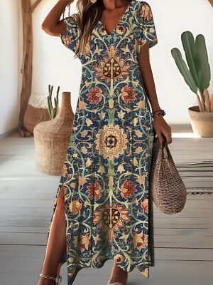 Daily Loose Ditsy Floral V Neck Short Sleeve Maxi Dress - Image 3