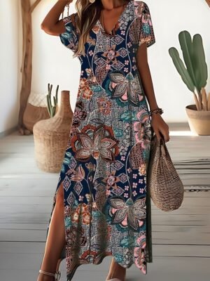 Daily Loose Ditsy Floral V Neck Short Sleeve Maxi Dress - Image 4