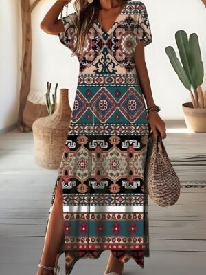 Daily Loose Ditsy Floral V Neck Short Sleeve Maxi Dress - Image 5