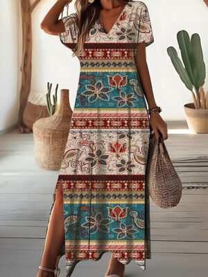 Daily Loose Ditsy Floral V Neck Short Sleeve Maxi Dress - Image 6