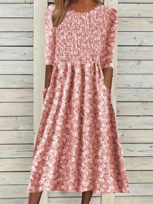 Daily Loose Floral Crew Neck Half Sleeve Midi Dress - Image 4