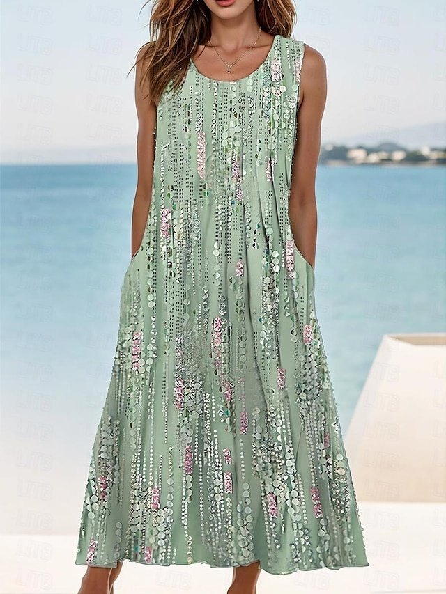 Daily Loose Floral Crew Neck Sleeveless Midi Dress - Image 1