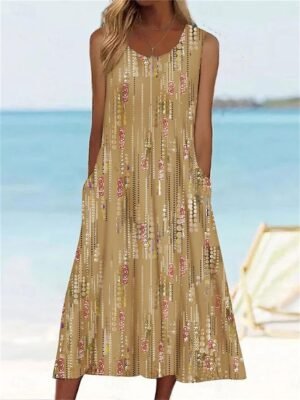 Daily Loose Floral Crew Neck Sleeveless Midi Dress - Image 6