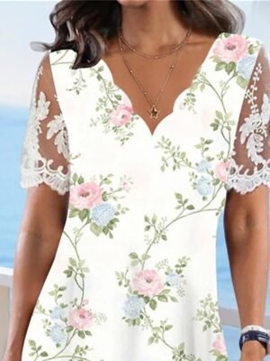 Daily Loose Floral Lace Scalloped Neck Short Sleeve Midi Dress - Image 2