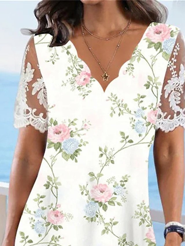 Daily Loose Floral Lace Scalloped Neck Short Sleeve Midi Dress - Image 2