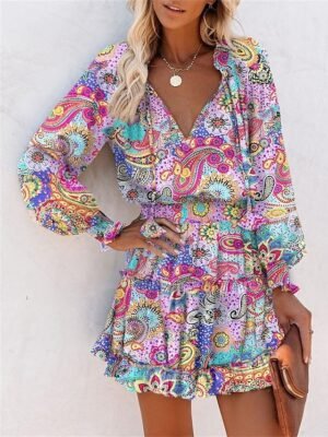 Daily Loose Floral Leopard V Neck Long Sleeve Mini Dress - Image 3