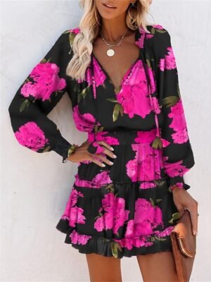 Daily Loose Floral Leopard V Neck Long Sleeve Mini Dress - Image 4