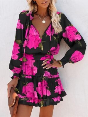 Daily Loose Floral Leopard V Neck Long Sleeve Mini Dress - Image 5
