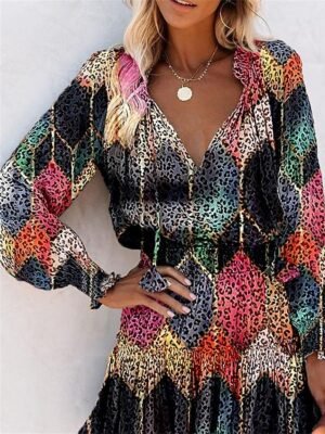 Daily Loose Floral Leopard V Neck Long Sleeve Mini Dress - Image 7