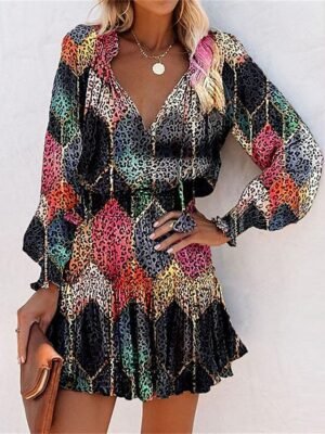 Daily Loose Floral Leopard V Neck Long Sleeve Mini Dress - Image 8