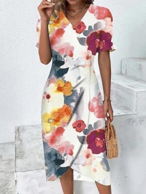 Daily Loose Floral V Neck Short Sleeve Midi Wrap Dress - Image 1