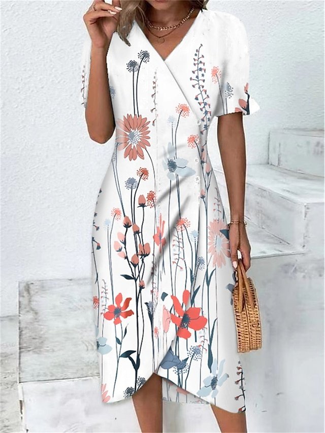 Daily Loose Floral V Neck Short Sleeve Midi Wrap Dress - Image 2