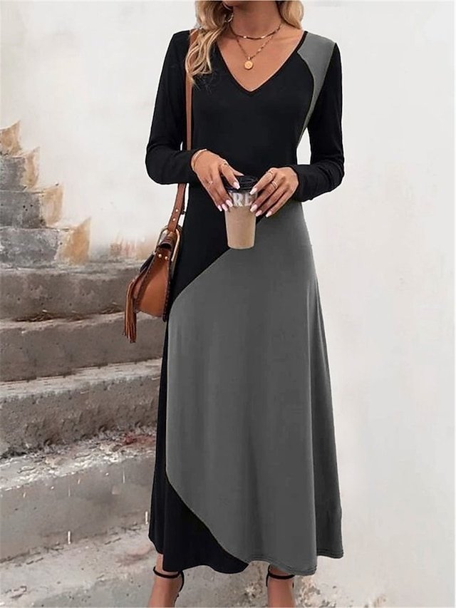 Daily Loose Geometric V Neck Long Sleeve Maxi Dress - Image 1