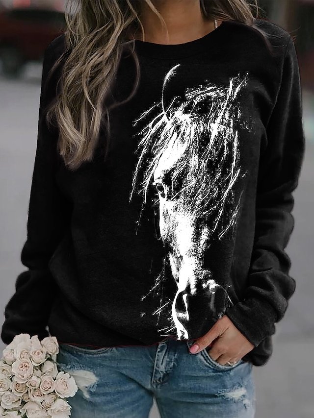 Daily Loose Horse Print Round Neck Long Sleeve Sweatshirt - Image 1