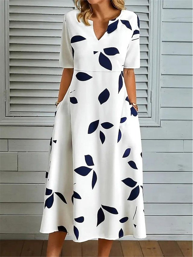 Daily Loose Leaf Print Split Neck Half Sleeve Midi Dress - Image 1