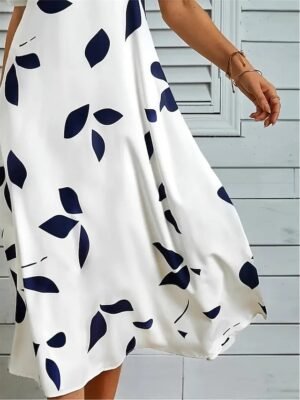 Daily Loose Leaf Print Split Neck Half Sleeve Midi Dress - Image 2
