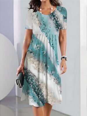 Daily Loose Ombre Floral Crew Neck Short Sleeve Midi Dress - Image 3