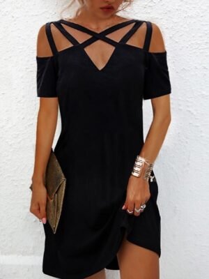 Daily Loose Plain V Neck Short Sleeve Mini Dress - Image 1