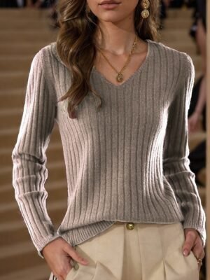 Daily Loose Pure Colour V Neck Long Sleeve Knit Sweater - Image 1