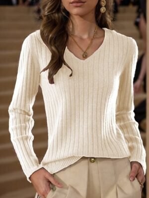 Daily Loose Pure Colour V Neck Long Sleeve Knit Sweater - Image 3