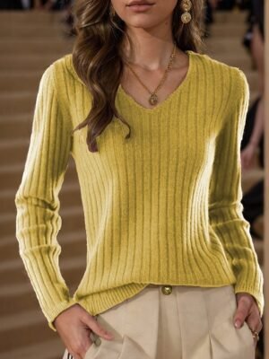 Daily Loose Pure Colour V Neck Long Sleeve Knit Sweater - Image 5