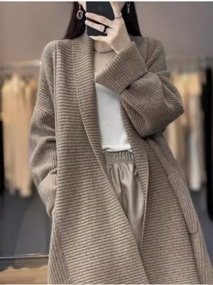 Daily Loose Solid Colour Open Front Knitted Long Sleeve Long Cardigan - Image 1