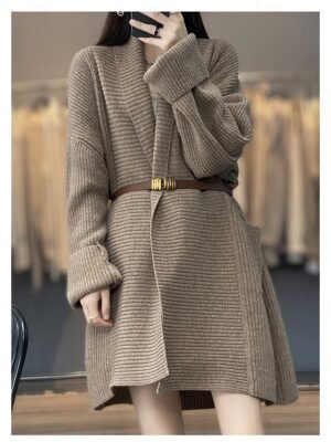Daily Loose Solid Colour Open Front Knitted Long Sleeve Long Cardigan - Image 3