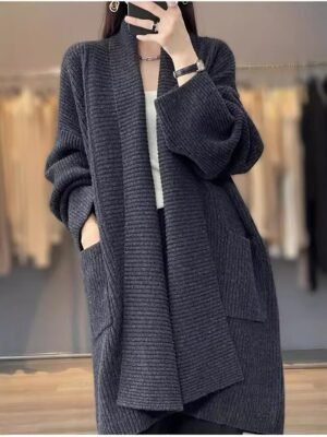 Daily Loose Solid Colour Open Front Knitted Long Sleeve Long Cardigan - Image 4