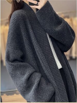 Daily Loose Solid Colour Open Front Knitted Long Sleeve Long Cardigan - Image 5