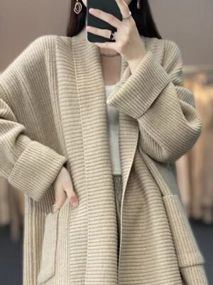 Daily Loose Solid Colour Open Front Knitted Long Sleeve Long Cardigan - Image 6