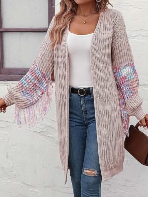 Daily Loose Solid Colour Shirt Collar Tassel Long Sleeve Long Knit Top - Image 1