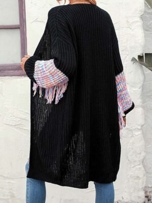 Daily Loose Solid Colour Shirt Collar Tassel Long Sleeve Long Knit Top - Image 10